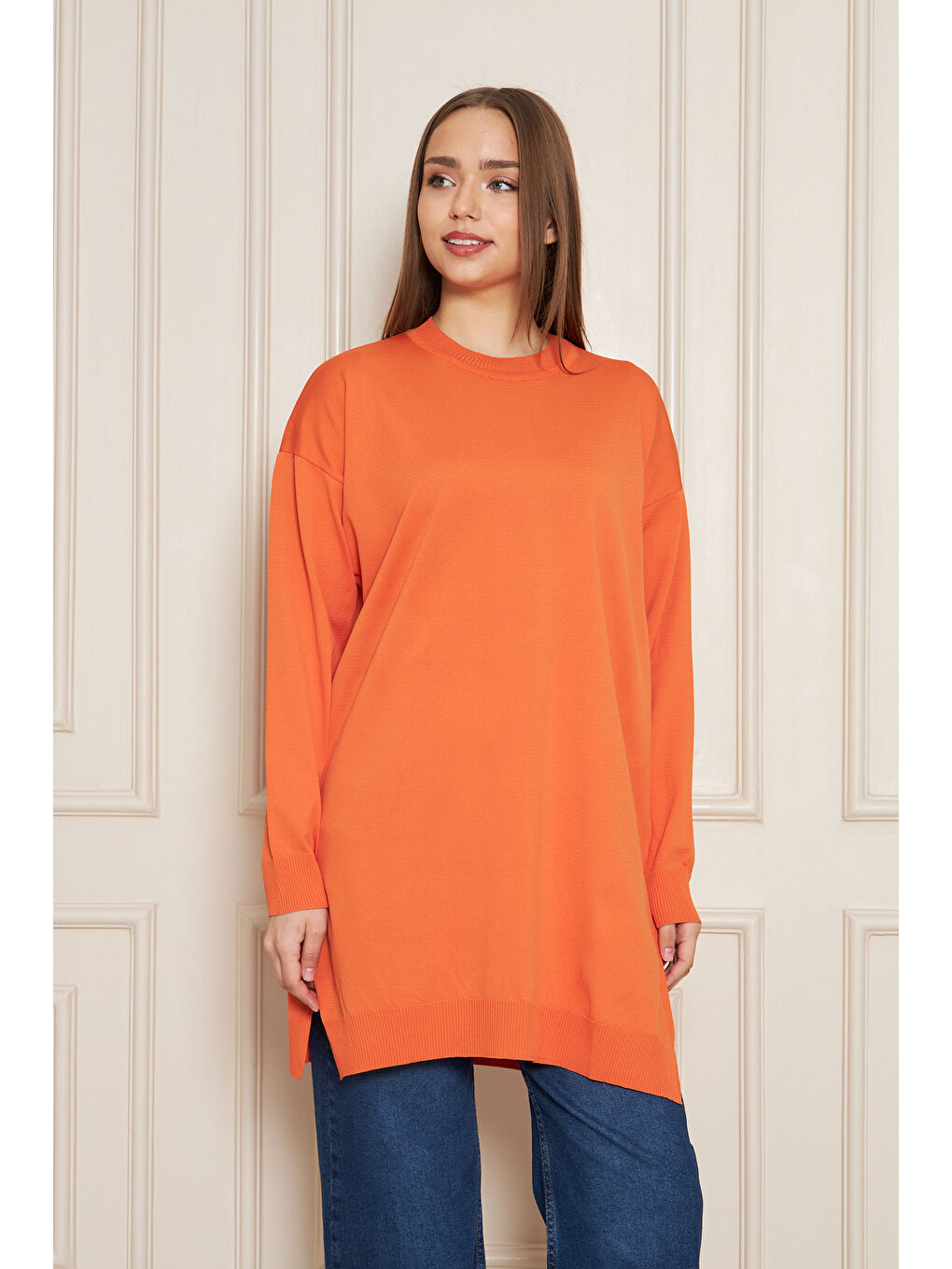 Kadın Bisiklet Yaka Yırtmaçlı Oversize Turuncu Triko Kazak-6