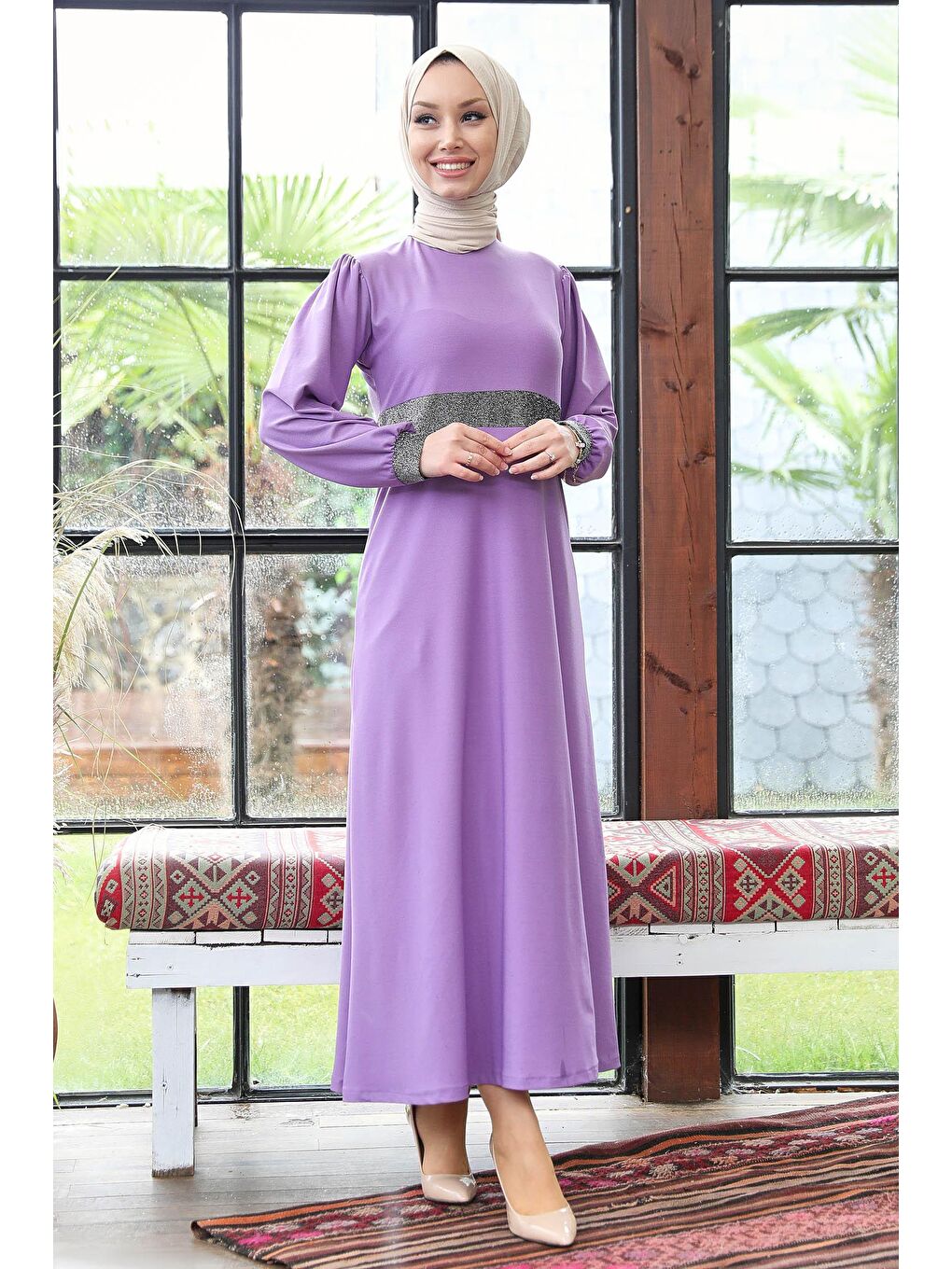 Düz BİSİKLET YAKA Kadın Lila Elbise - 11002