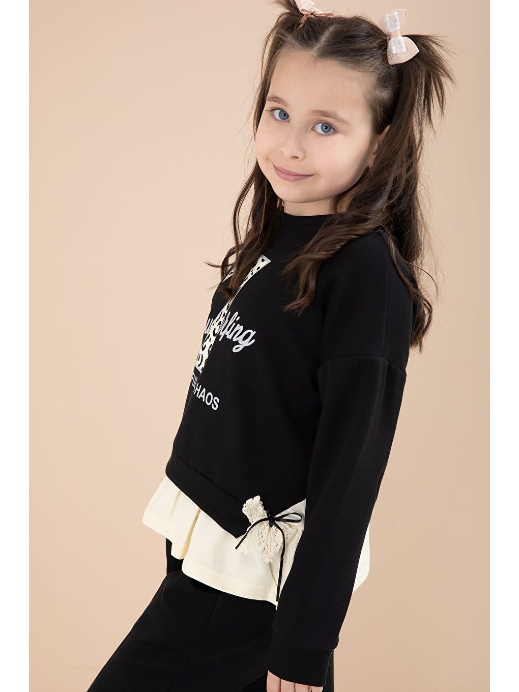 Siyah Yırtmaçlı Pantolonlu Fiyonklu Yazılı Badili Kız Çocuk 2li Takım 23595-1