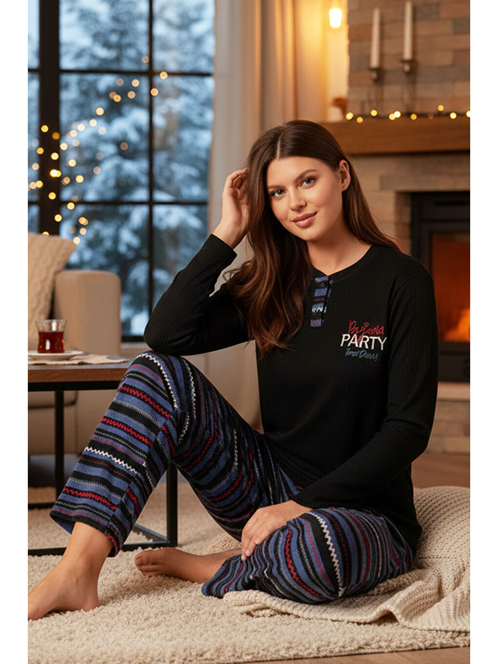 Kadın Termal Uzun Kol Pijama Takımı 4710 Lacivert02