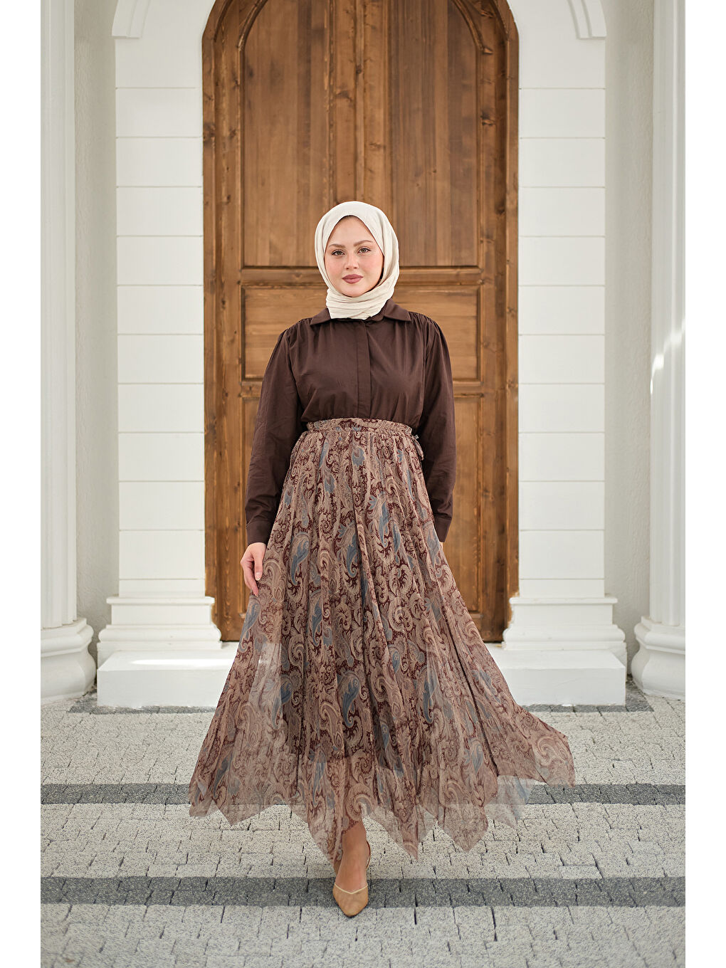 Kadın Asimetrik Kesim Etnik Desenli Şifon Etek Küf Yeşil-4