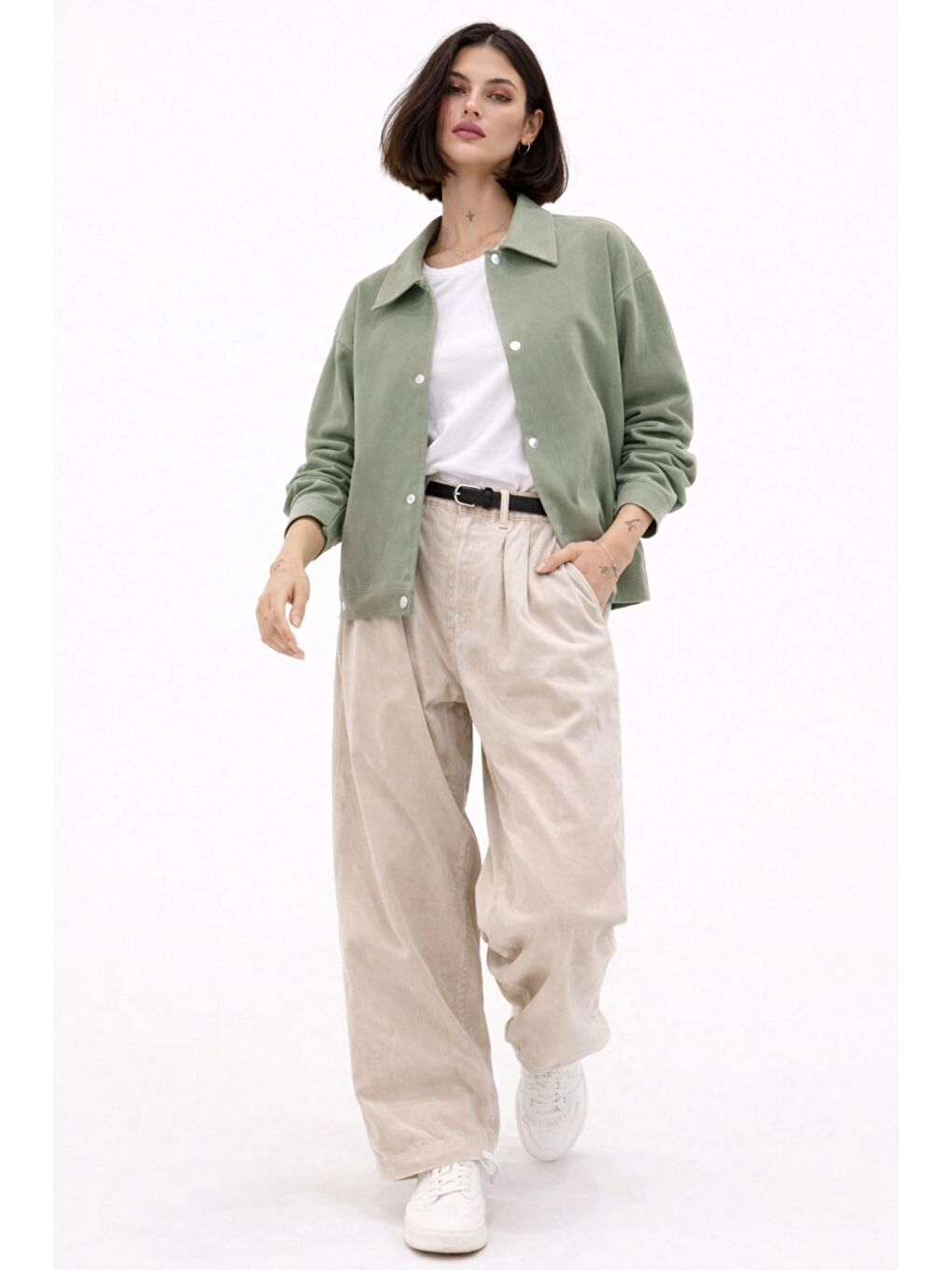 Yeşil Kadın Oversize Basic Gabardin Mevsimlik Polo Yaka Ceket-2