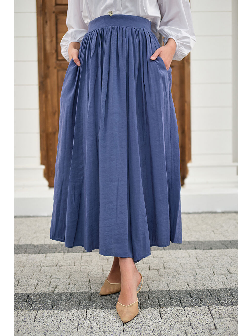 Kadın Önden Büzgülü Çift Cepli Etek İndigo Mavi-1