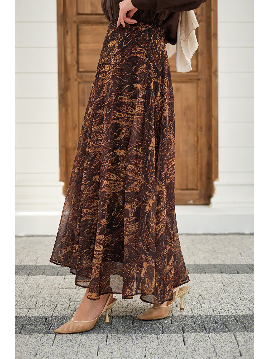 Kadın Etnik Desen Şifon Etek Kahverengi-4