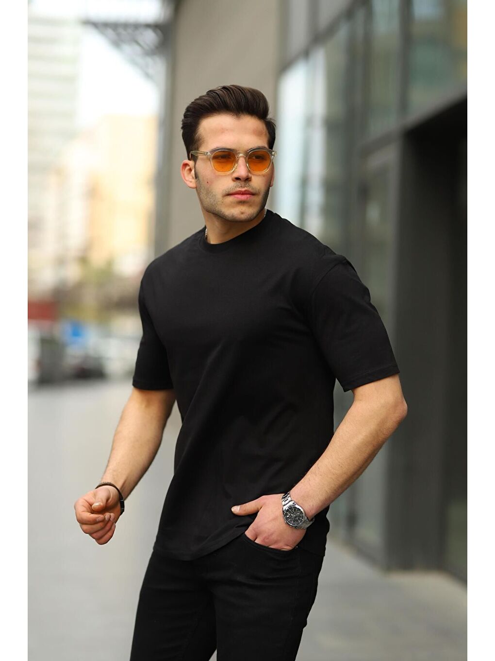 Siyah 3 Adet Erkek Yazlık Basic Kısa Kollu Oversize Tişört-5