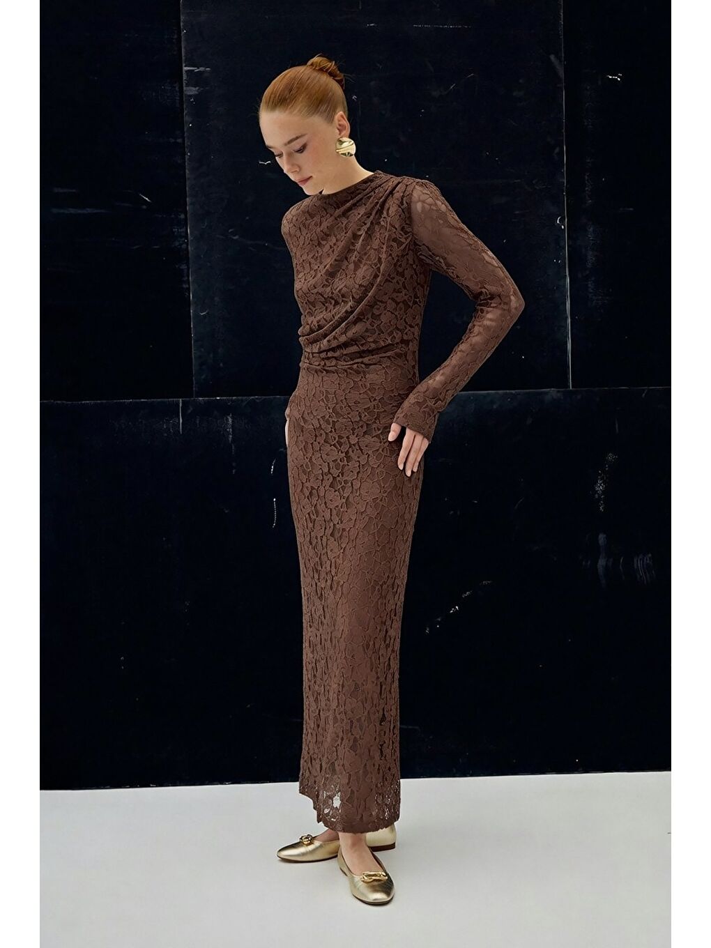 Kahverengi Dantel Elbise - Kahve