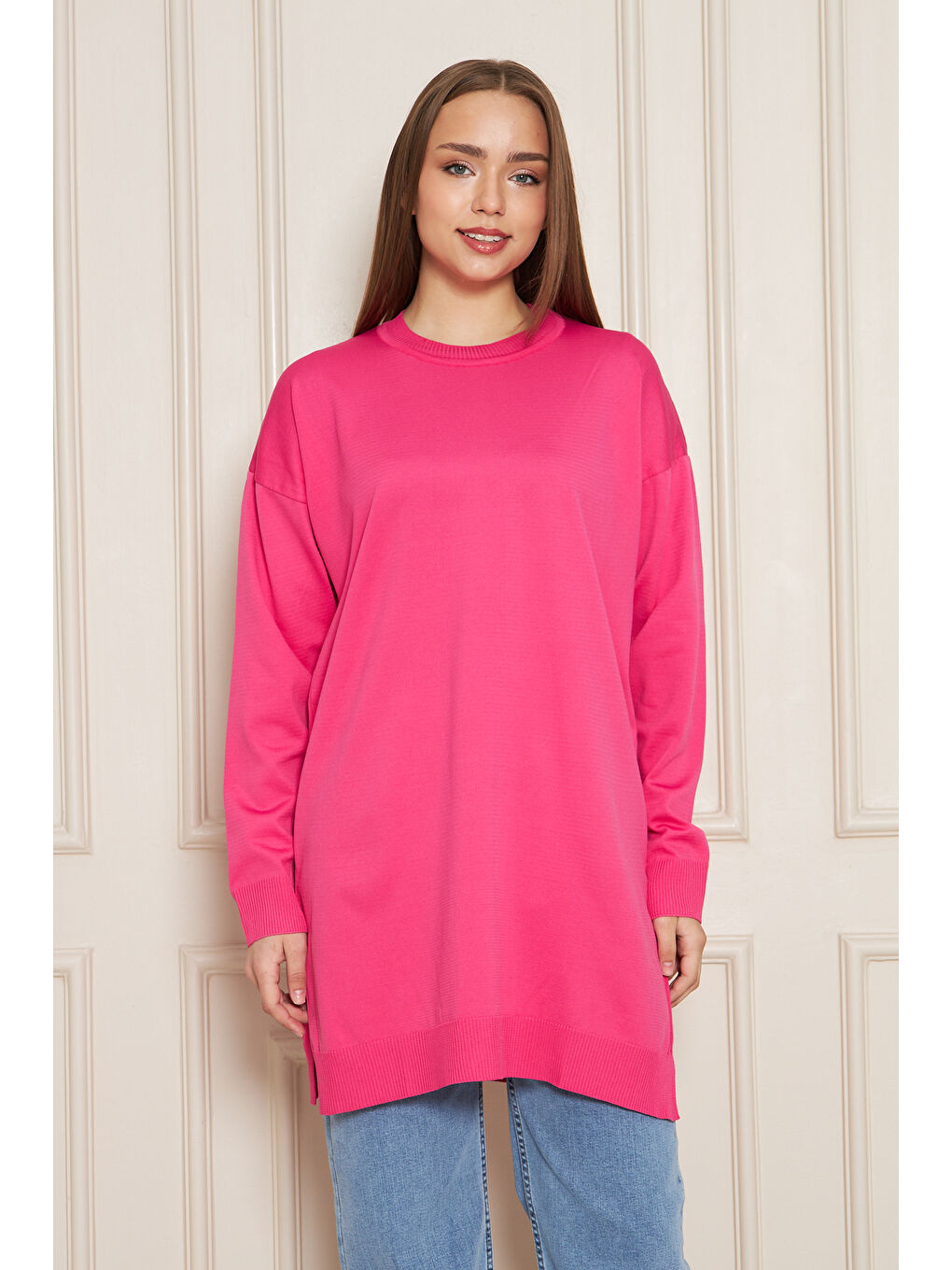 Kadın Bisiklet Yaka Yırtmaçlı Oversize Pembe Triko Kazak-4