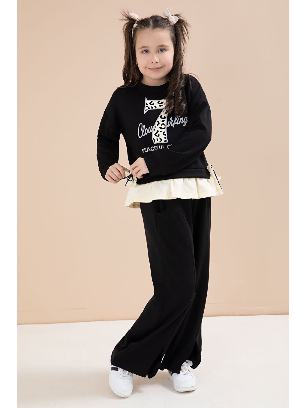 Siyah Yırtmaçlı Pantolonlu Fiyonklu Yazılı Badili Kız Çocuk 2li Takım 23595-2
