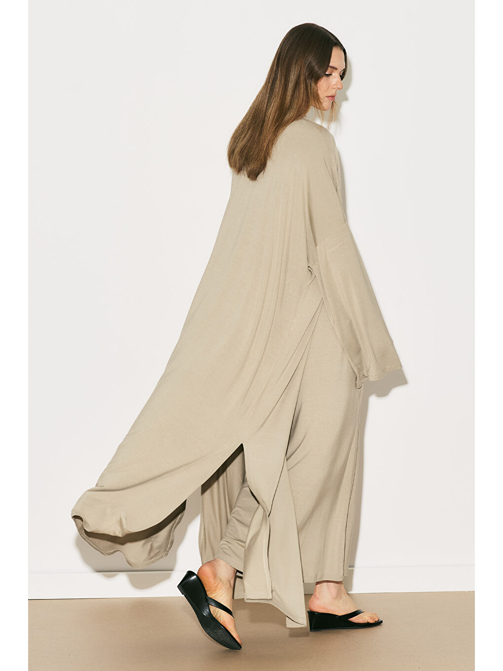 Bej Easy Rahat Uzun Kimono Taş