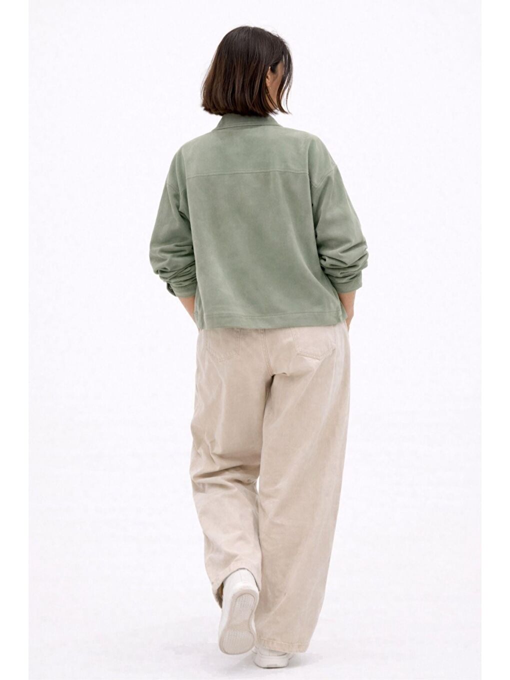 Yeşil Kadın Oversize Basic Gabardin Mevsimlik Polo Yaka Ceket-3