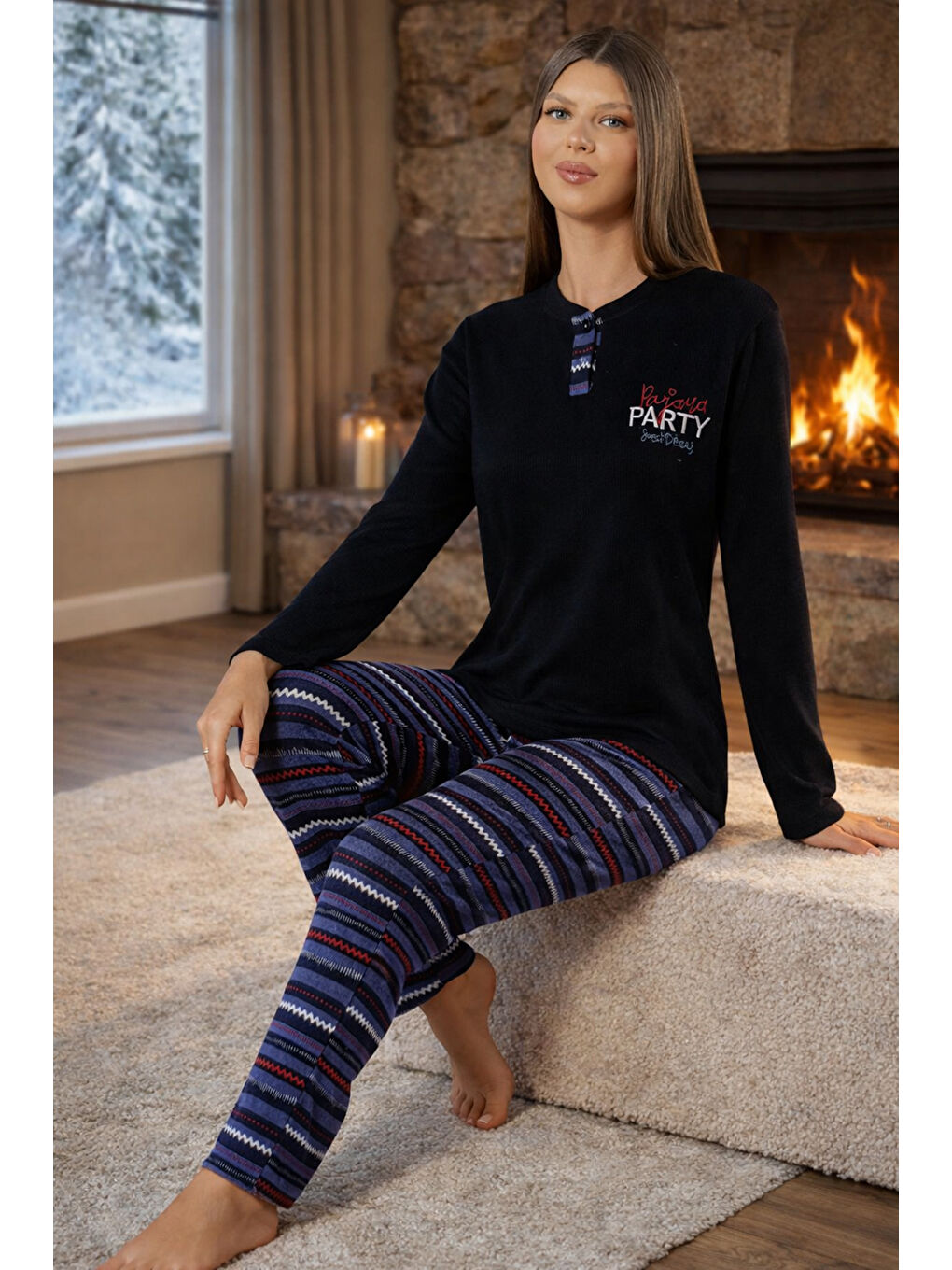 Kadın Termal Uzun Kol Pijama Takımı 4710 Lacivert02-1