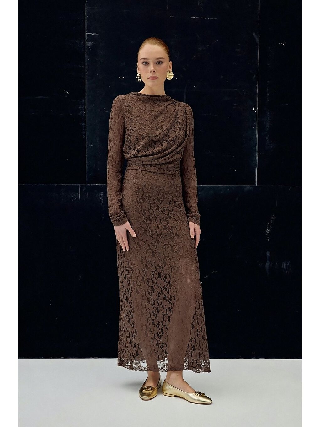 Kahverengi Dantel Elbise - Kahve-1