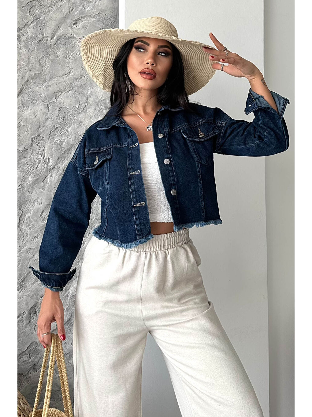 Çift Cepli Demin Crop Ceket Koyu Mavi - 27299-1