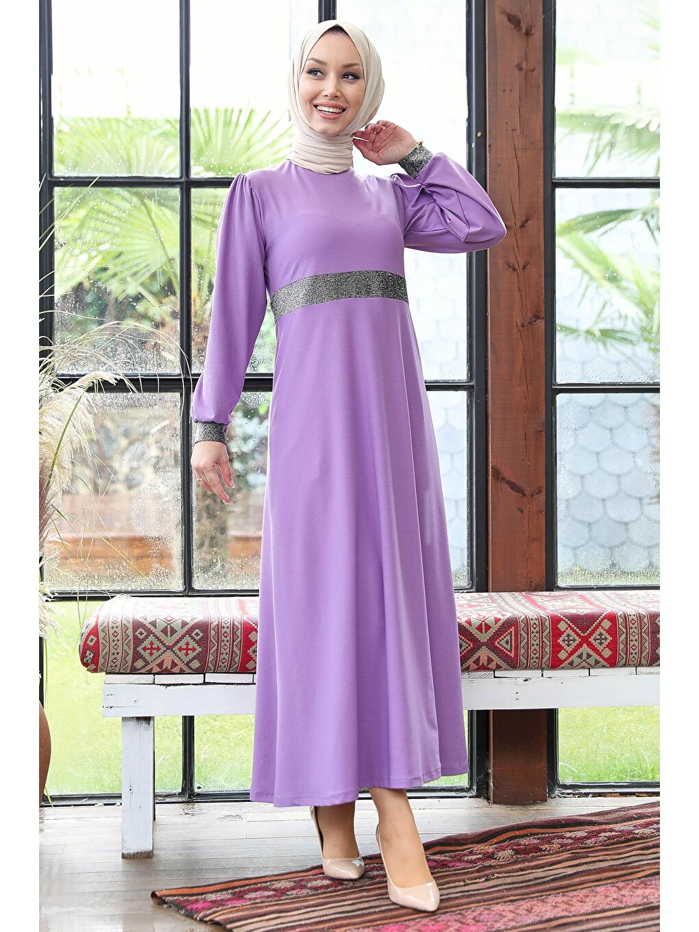 Düz BİSİKLET YAKA Kadın Lila Elbise - 11002-1