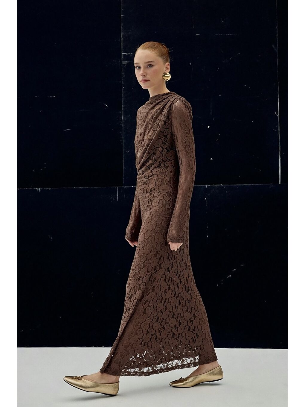 Kahverengi Dantel Elbise - Kahve-2