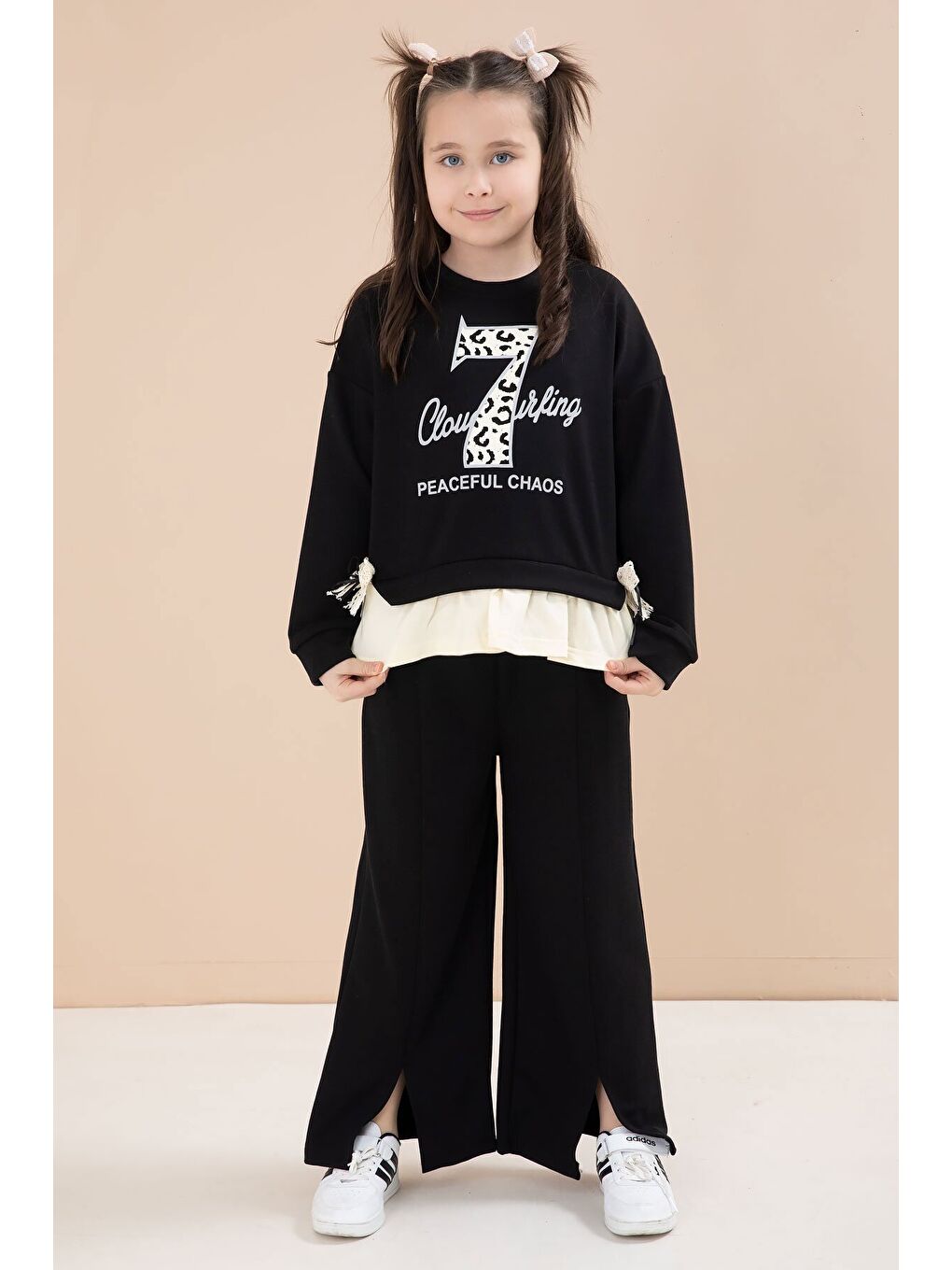 Siyah Yırtmaçlı Pantolonlu Fiyonklu Yazılı Badili Kız Çocuk 2li Takım 23595-3