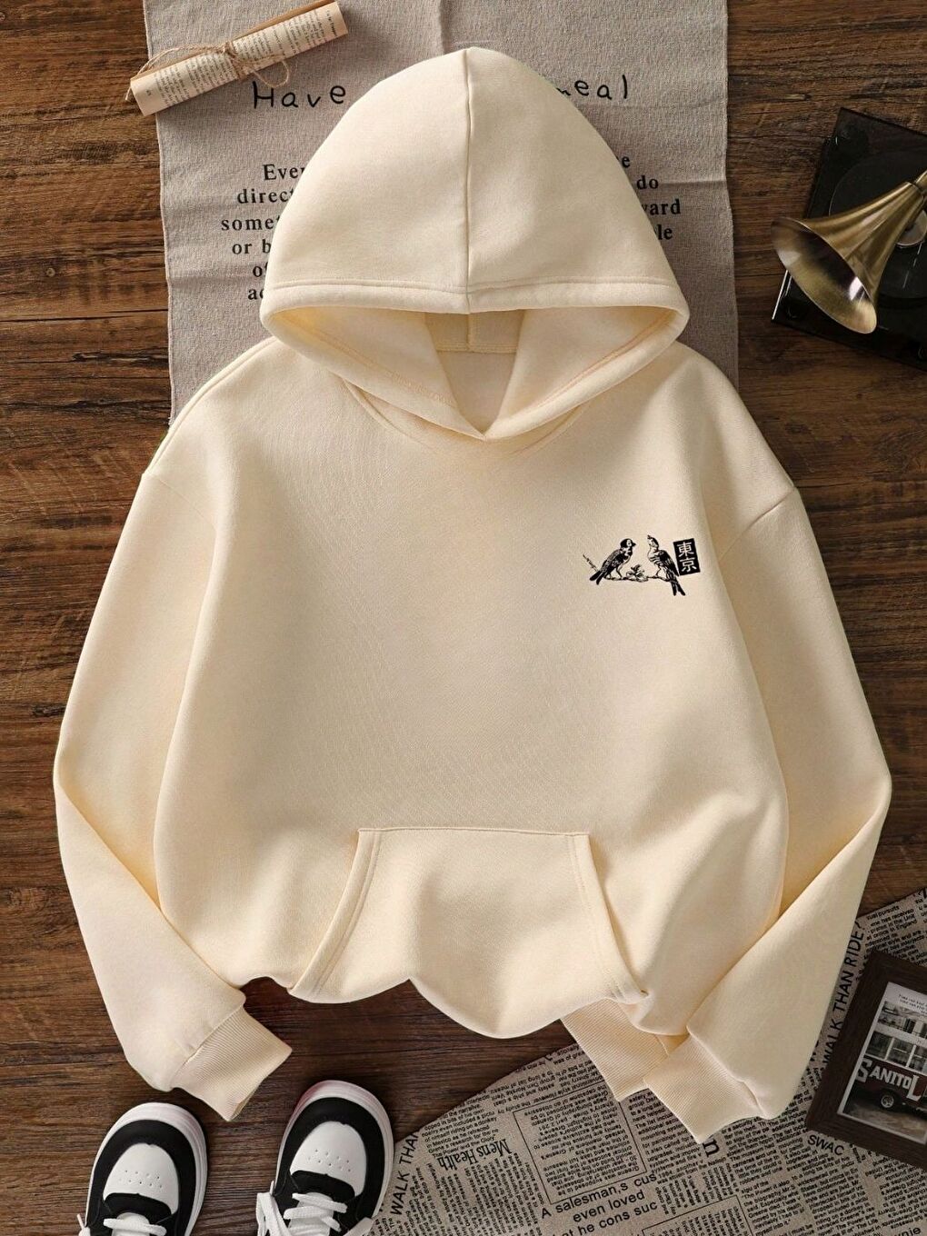 Bej Tokyo Birds Baskılı Oversize Sweatshirt-2