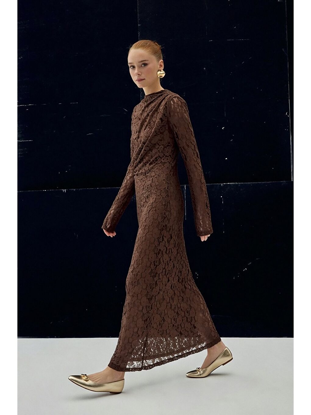 Kahverengi Dantel Elbise - Kahve-3