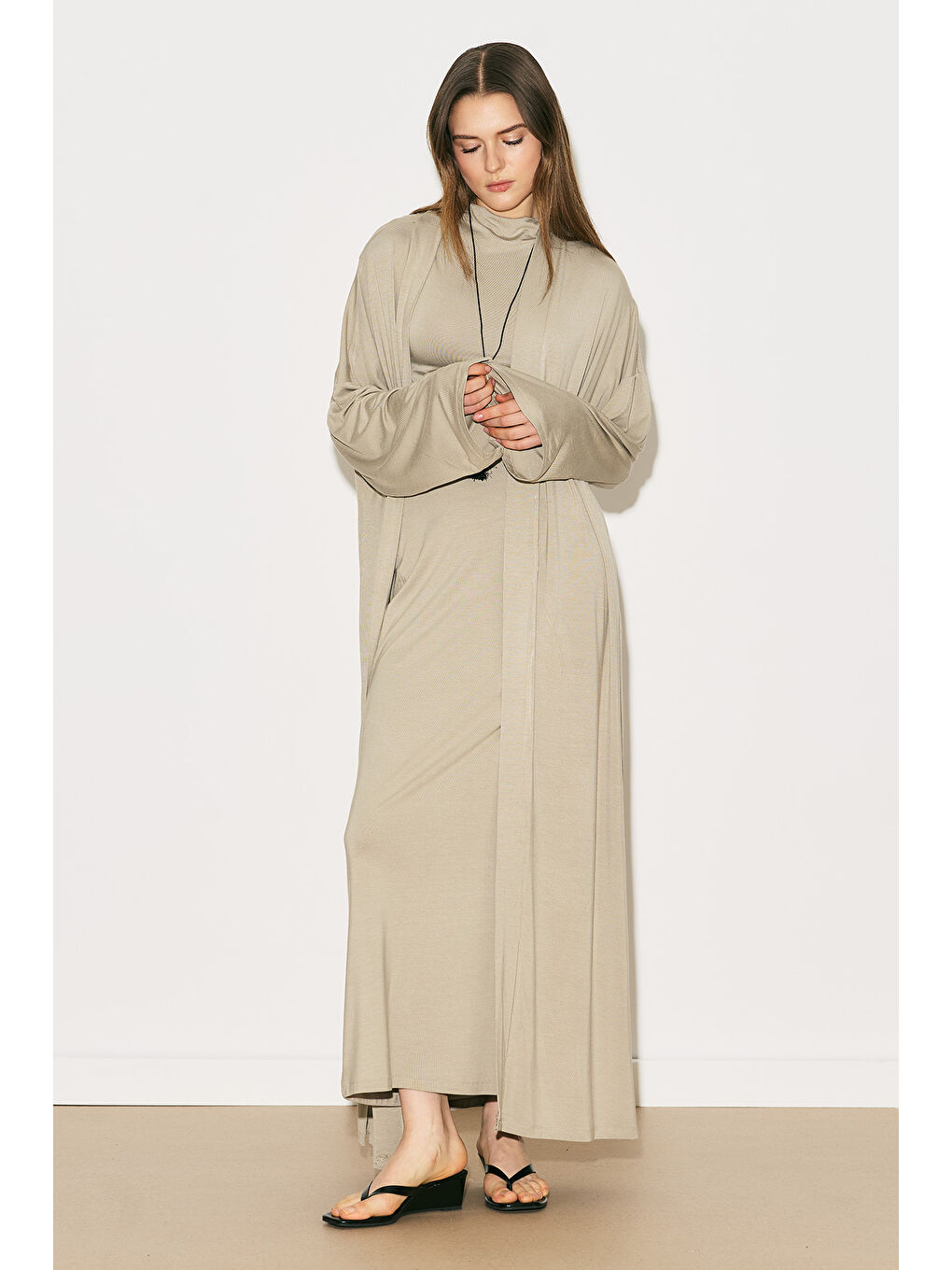 Bej Easy Rahat Uzun Kimono Taş-3