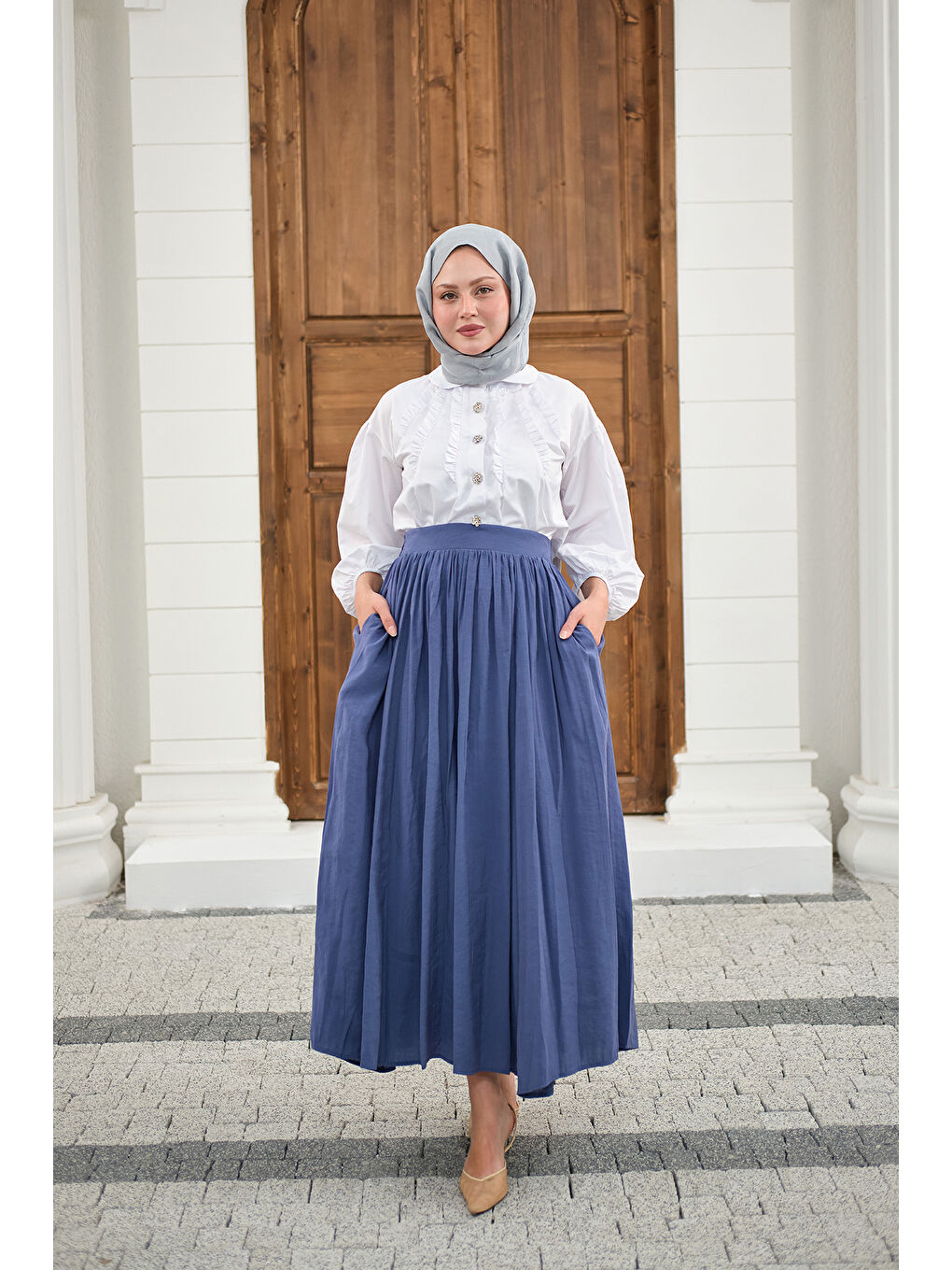 Kadın Önden Büzgülü Çift Cepli Etek İndigo Mavi-2