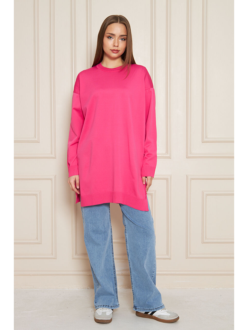 Kadın Bisiklet Yaka Yırtmaçlı Oversize Pembe Triko Kazak-5