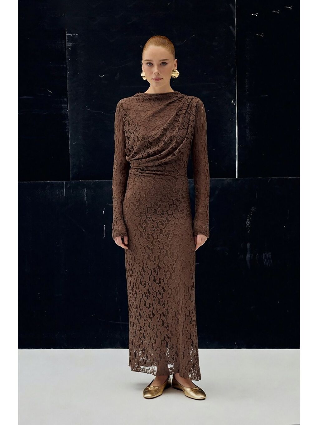 Kahverengi Dantel Elbise - Kahve-4