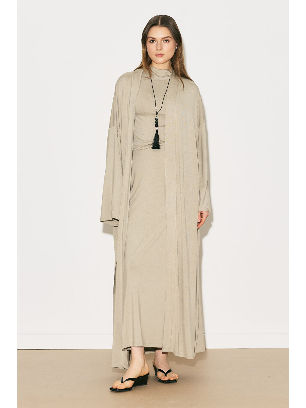 Bej Easy Rahat Uzun Kimono Taş-4