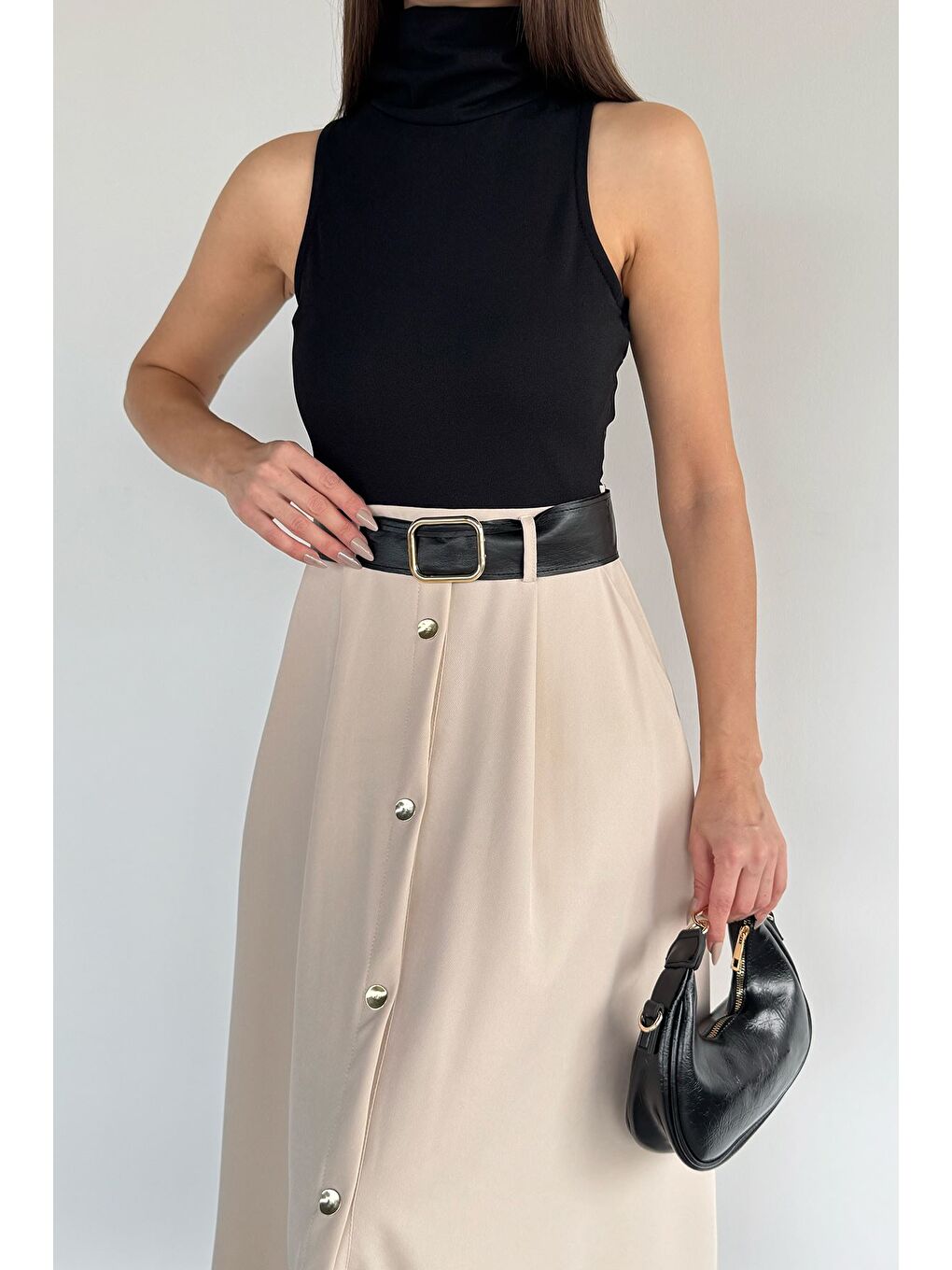 Siyah Kadın Balıkçı Yaka Çift Renkli Kemer Aksesuarlı Elbise-2