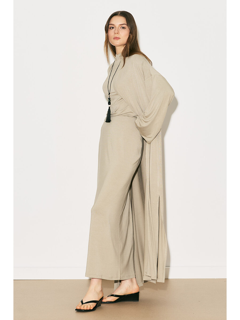 Bej Easy Rahat Uzun Kimono Taş-5