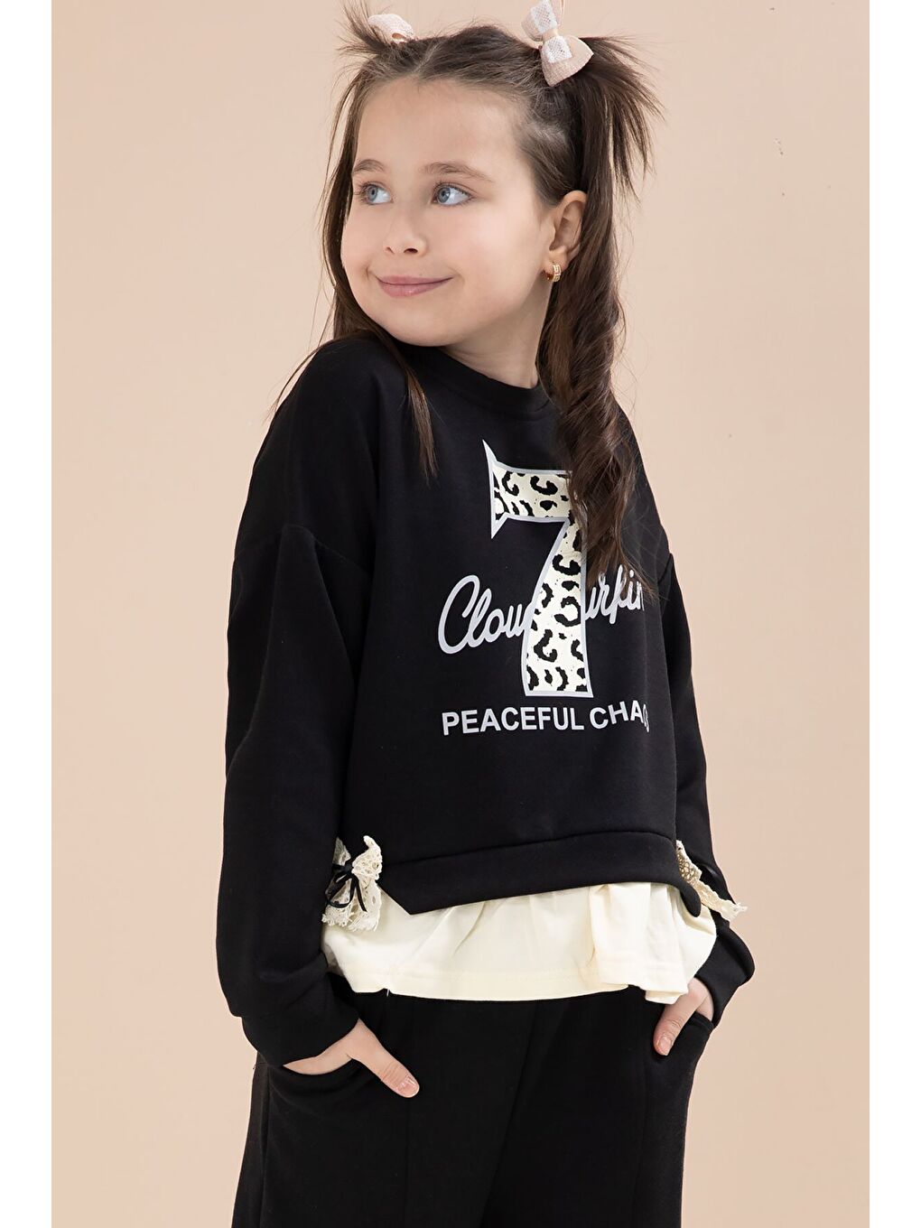 Siyah Yırtmaçlı Pantolonlu Fiyonklu Yazılı Badili Kız Çocuk 2li Takım 23595-4