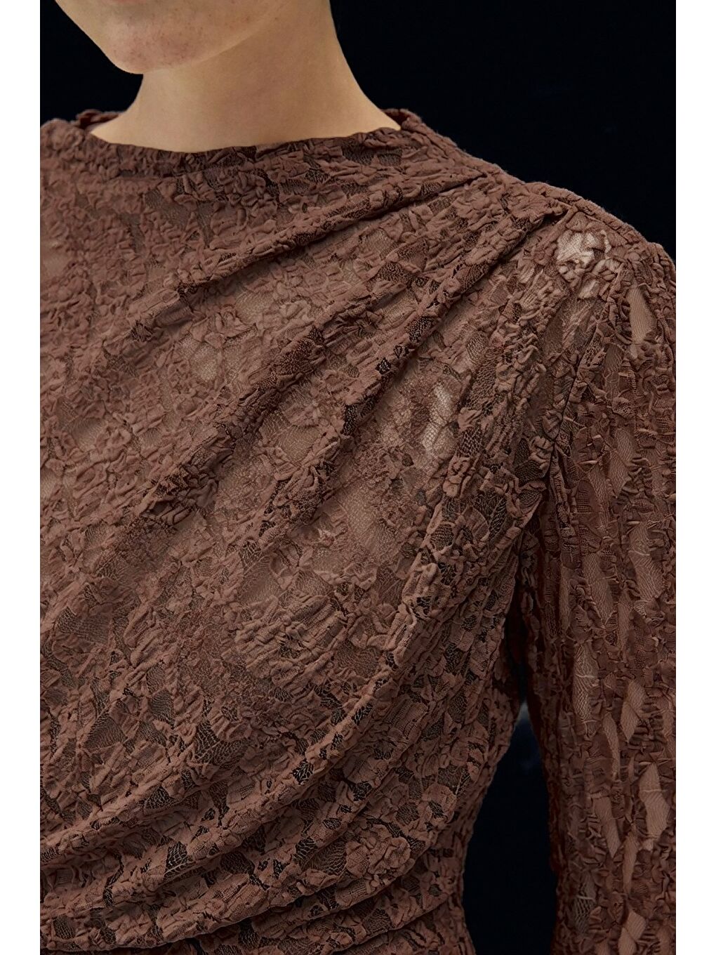 Kahverengi Dantel Elbise - Kahve-5
