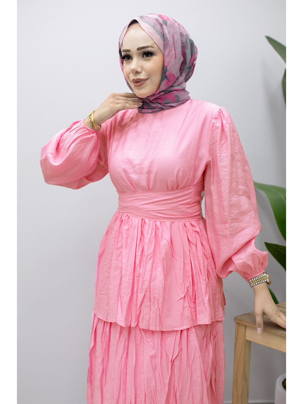 Beli Bağlamalı Kat Kat Elbise Tsd260239 Pembe-1