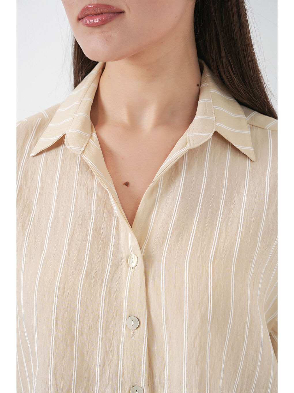 Kadın Çizgili Oversize Kısa Gömlek 20326 - Bej-7