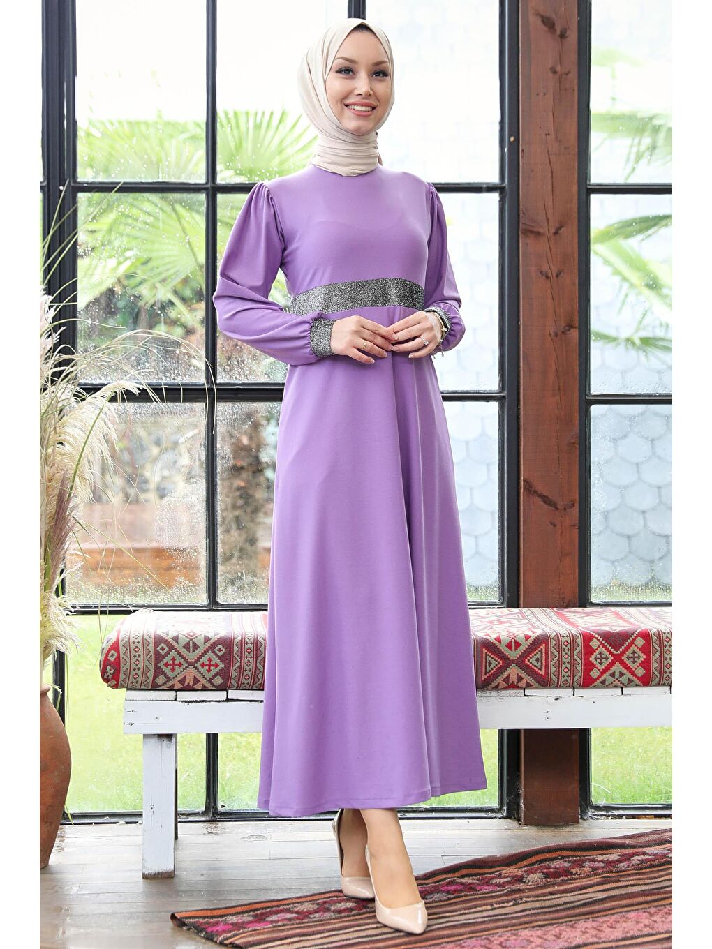 Düz BİSİKLET YAKA Kadın Lila Elbise - 11002-2