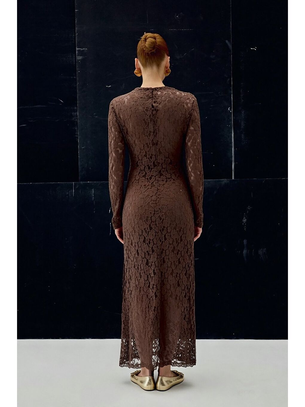 Kahverengi Dantel Elbise - Kahve-6