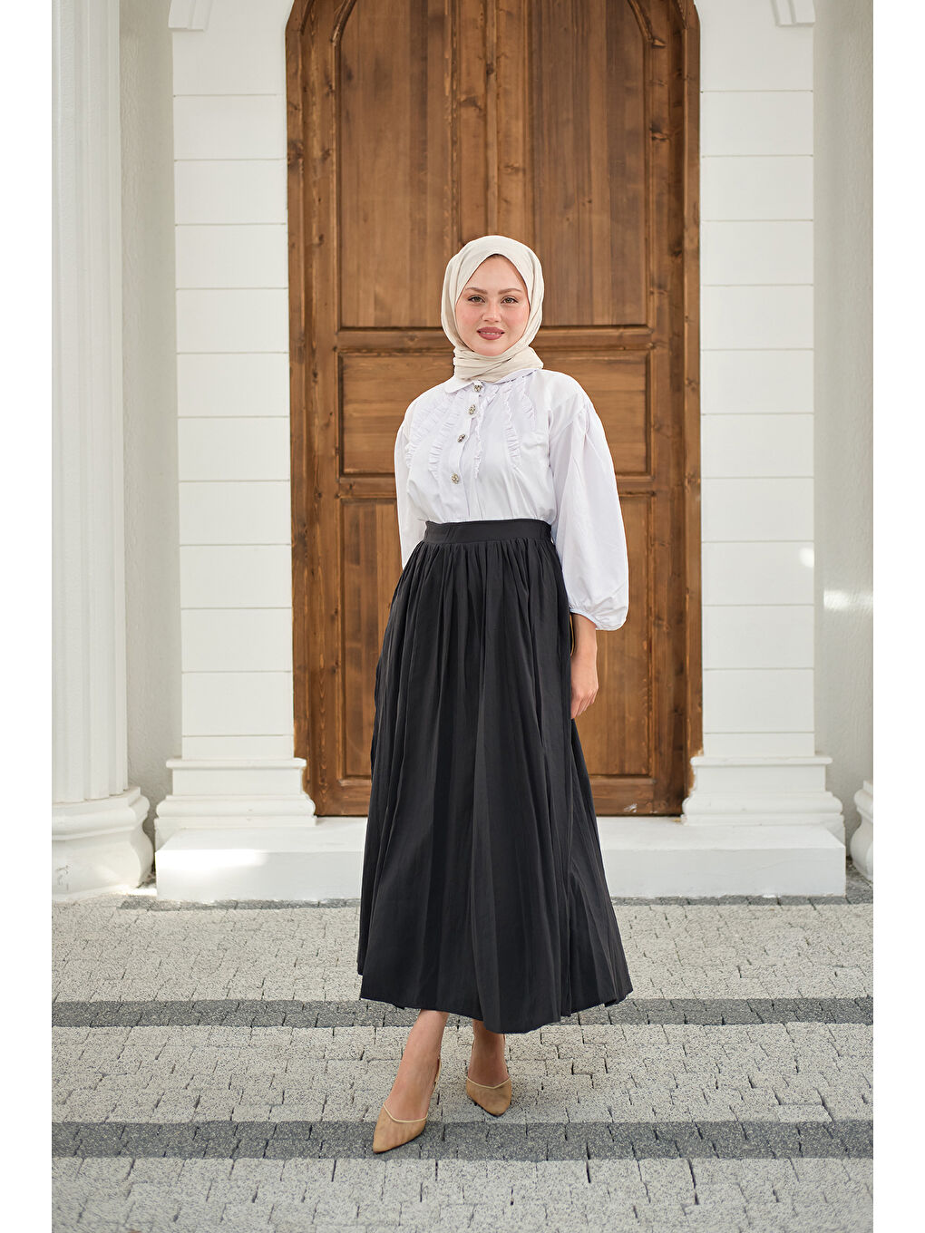 Gri Kadın Önden Büzgülü Çift Cepli Etek Füme-2