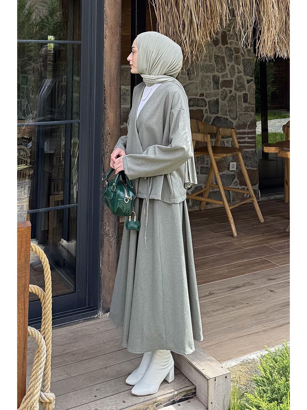 Bağlama Detaylı Etekli Takım Haki-1