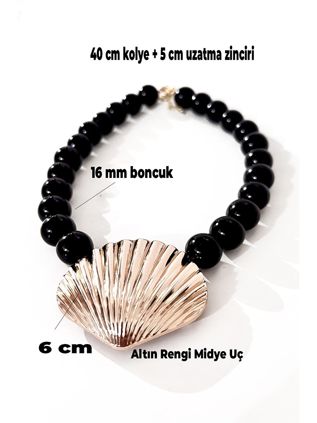 Siyah İstridye Uçlu Büyük Boncuklu Kolye-5