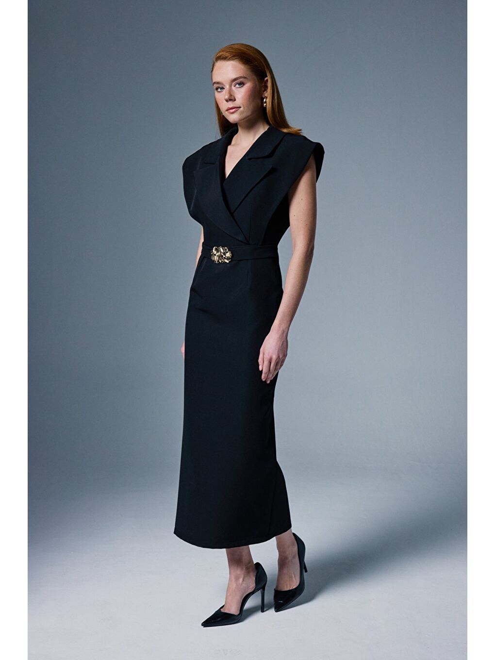 Aksesuar Detaylı Maxi Elbise - Siyah-1