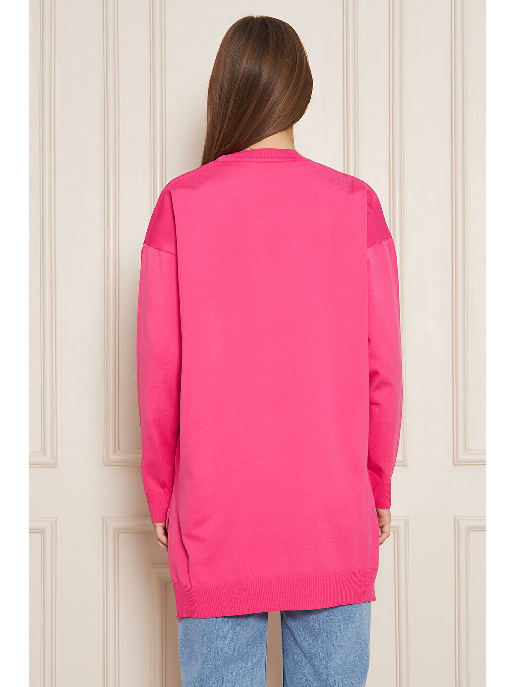 Kadın Bisiklet Yaka Yırtmaçlı Oversize Pembe Triko Kazak-6