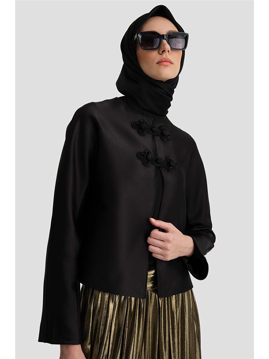 Saten Crop Ceket 24K5700 Siyah-2