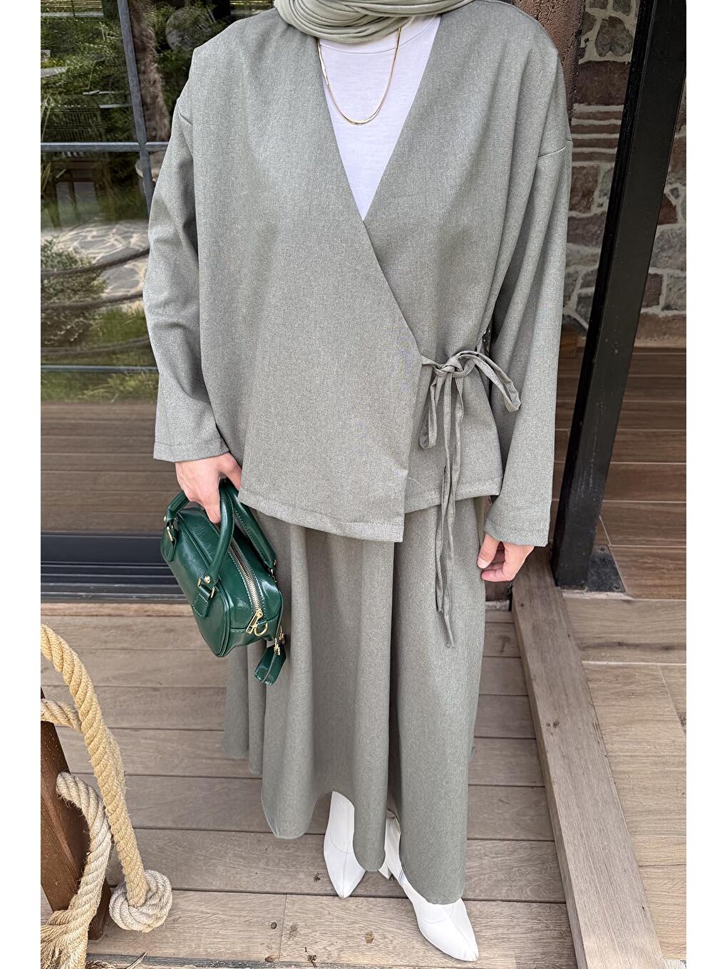 Bağlama Detaylı Etekli Takım Haki-2