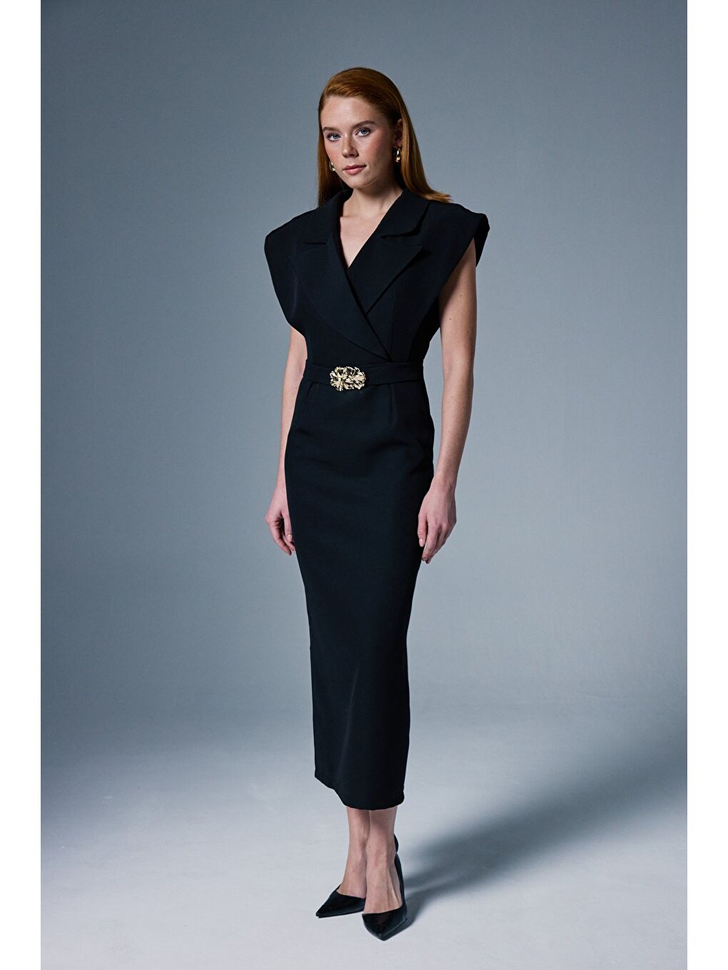 Aksesuar Detaylı Maxi Elbise - Siyah-2