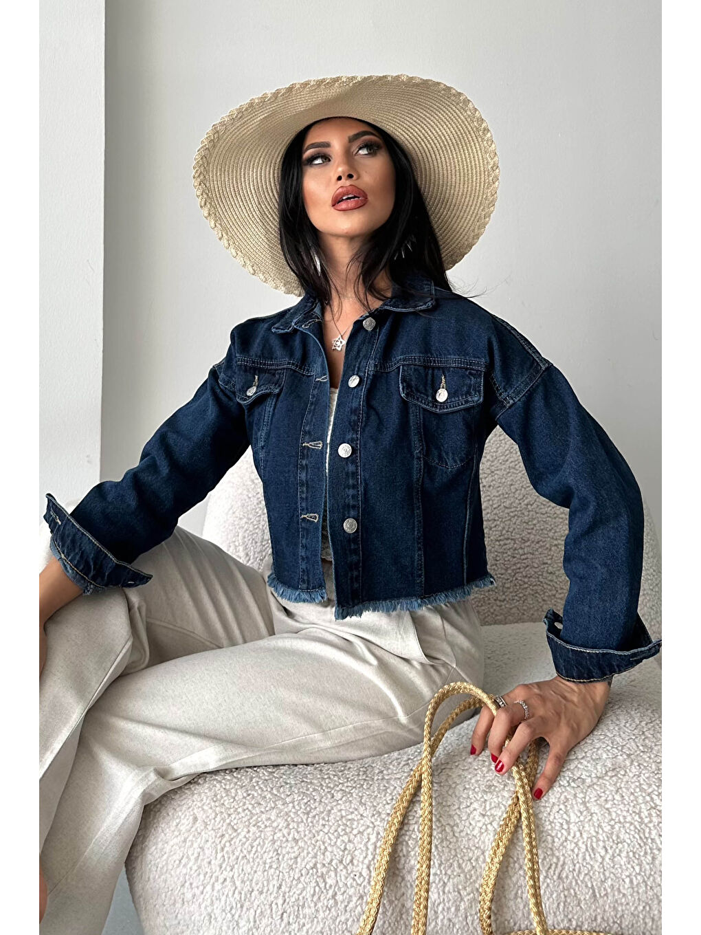 Çift Cepli Demin Crop Ceket Koyu Mavi - 27299-2