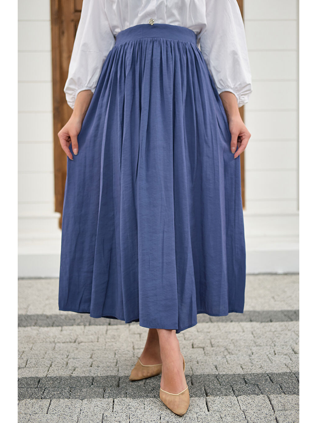 Kadın Önden Büzgülü Çift Cepli Etek İndigo Mavi-3