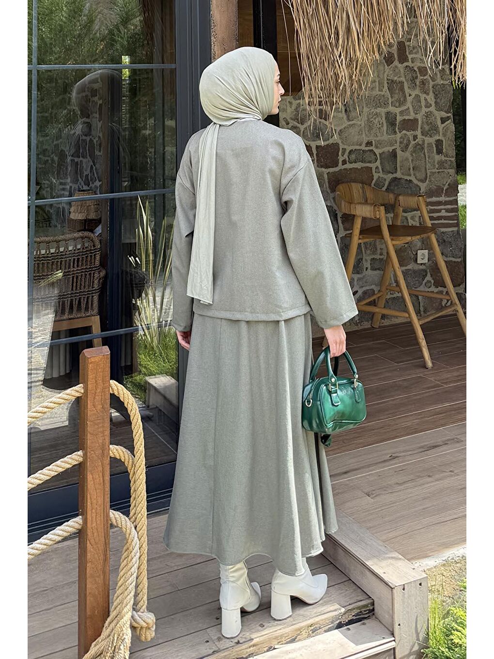 Bağlama Detaylı Etekli Takım Haki-3