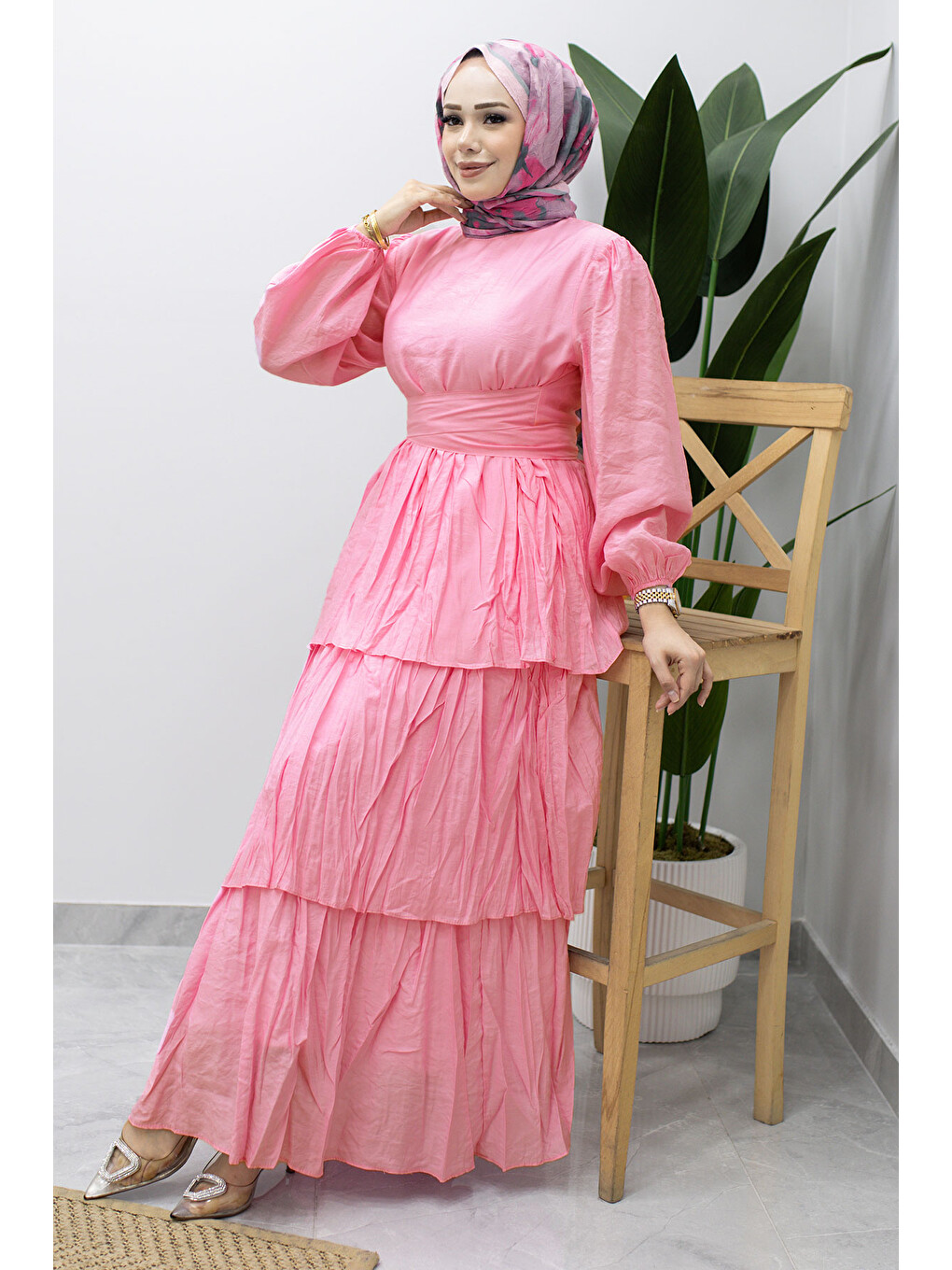 Beli Bağlamalı Kat Kat Elbise Tsd260239 Pembe-4