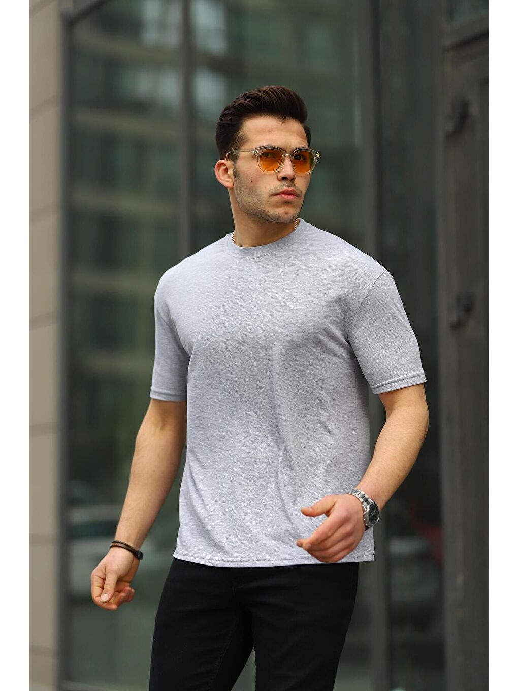 Gri 3 Adet Erkek Yazlık Basic Kısa Kollu Oversize Tişört-3