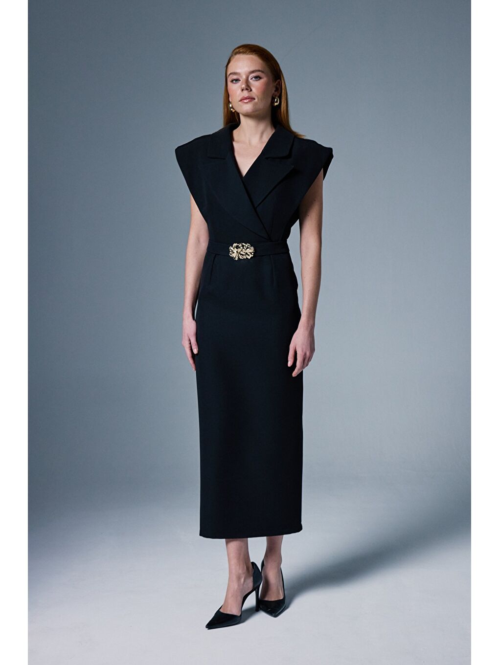 Aksesuar Detaylı Maxi Elbise - Siyah-3