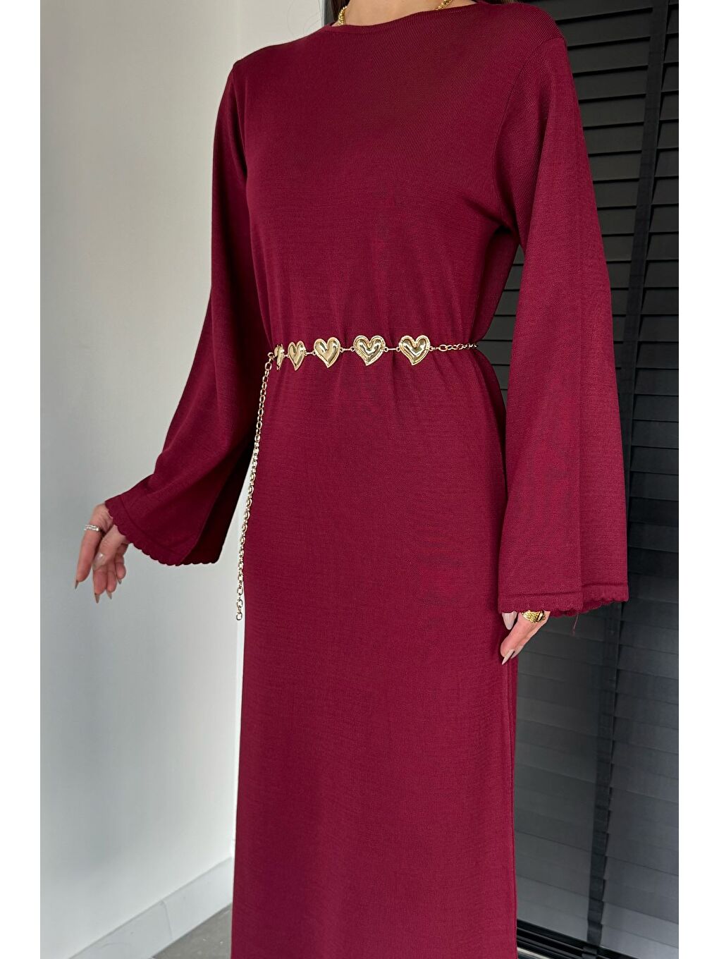 Bordo Bisiklet Yaka Metal Kemerli Triko Elbise-2